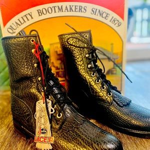 Justin Vintage 90’s Women’s 8B Black Leather Lace-up Roper Boot with Fringe